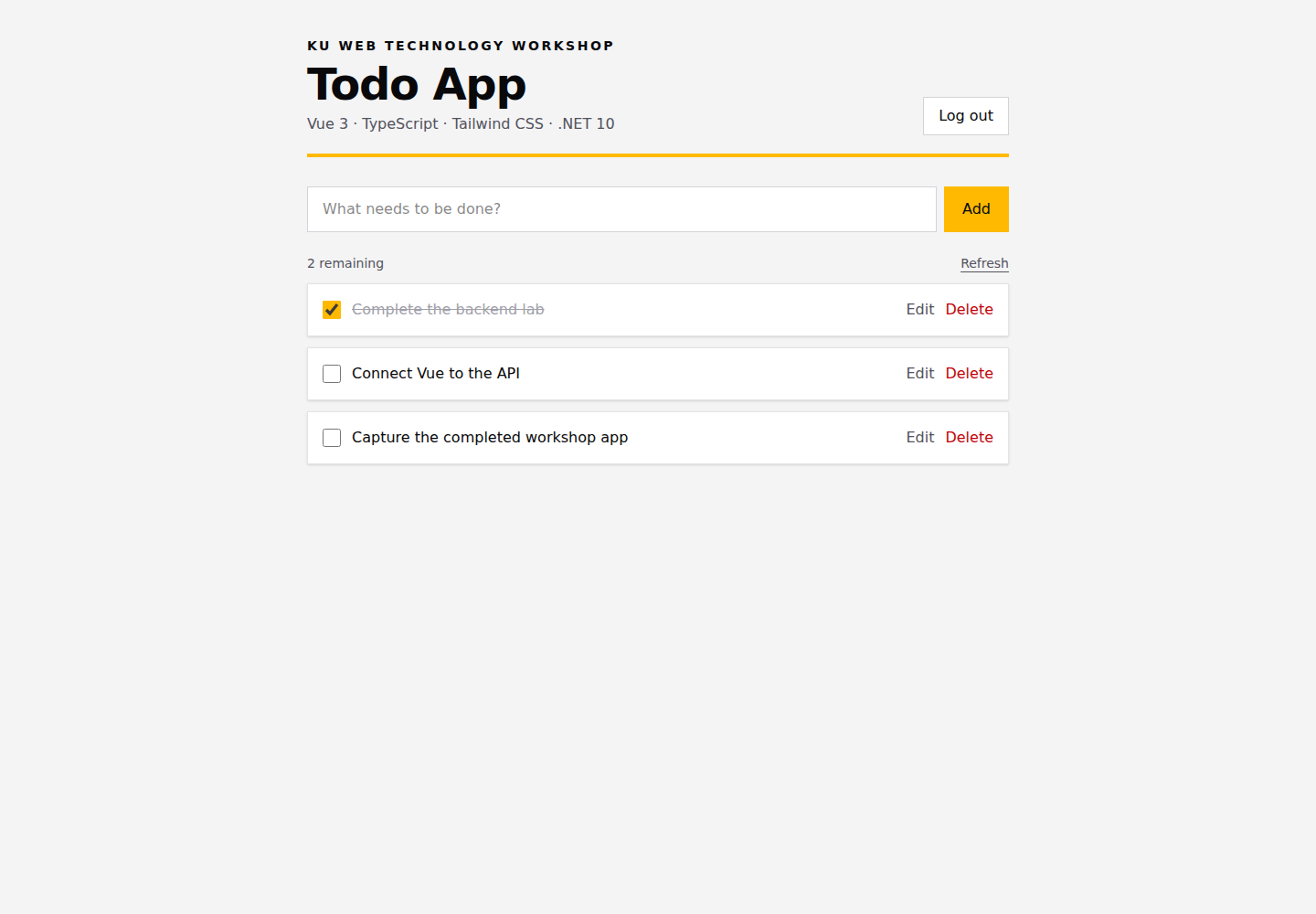 Completed Vue Todo application after authenticated API integration